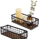 MyGift Wall Mounted or Tabletop Rustic Black Metal Wire and Burnt Wood Small Decorative Storage Baskets with Handles, Set of 2