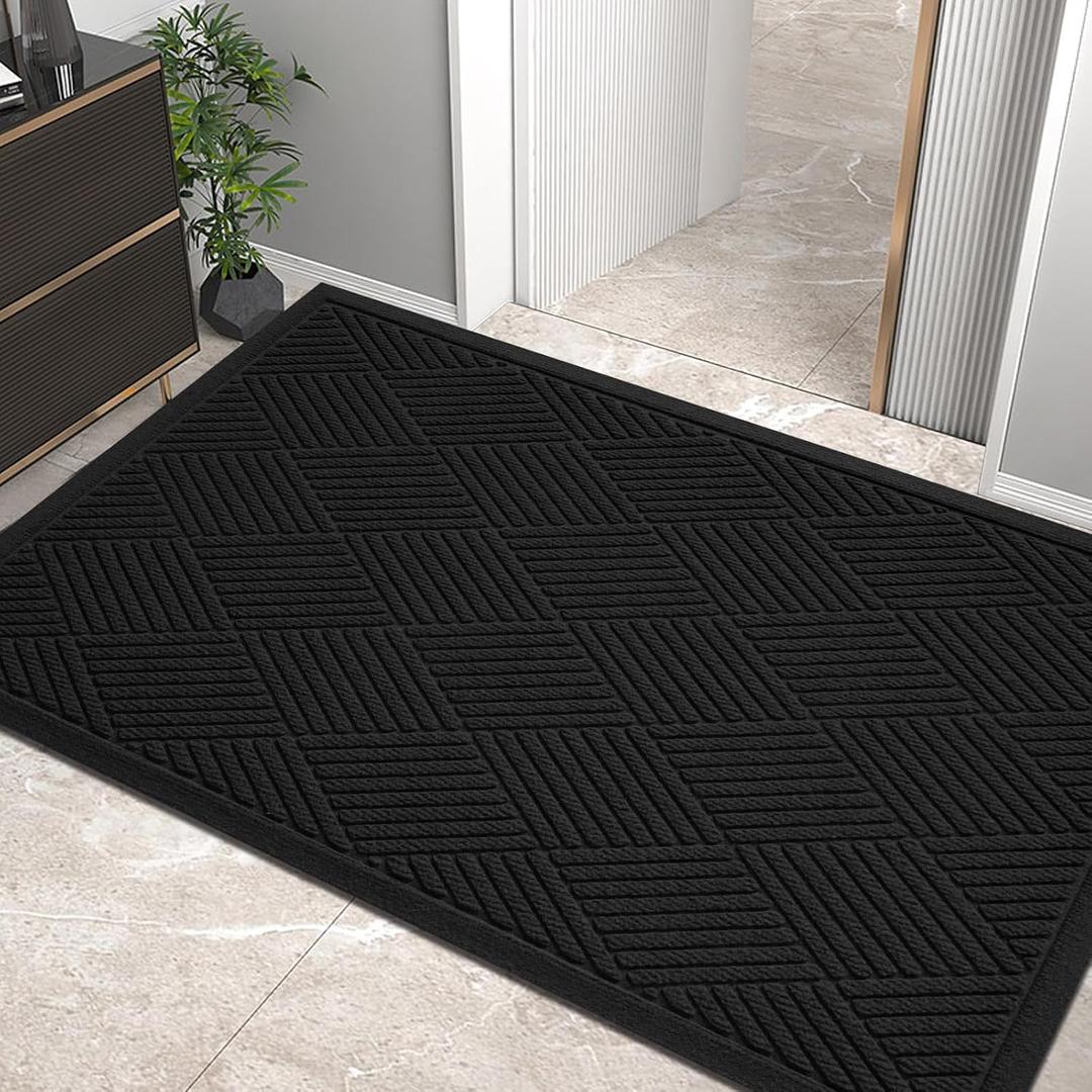 HIYARD Sturdy Front Door Mat, Absorbent Muddy Dirt Resist Welcome Door Mats Outdoor Indoor, Stain and Fade Resistant, Non-Slip Rubber Backing Low Profile Doormat for Entryway, 6036, Black