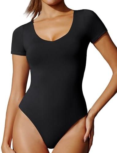 IUGA Bodysuits for Women Tummy Control Short Sleeve V Neck Body Suits for Womens Compression Slimming Thong Bodysuit, Size M