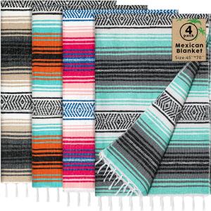 Oudain 4 Pack Mexican Blankets and Throws 45 x 70 Inch, Cotton Outdoor Camping Blanket Woven Serape Yoga Fiesta Picnic Beach Supplies (Stylish Color)