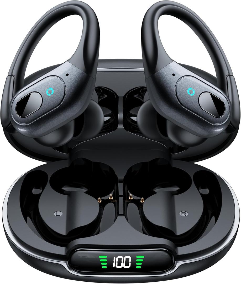 occiam Active Noise Cancelling Earbuds Wireless Bluetooth Headphones Ear Buds 90Hrs Playback Stereo Bass Earphones with Mic Over-Ear Hooks IPX7 Waterproof Headset for Work Sports Running Matte Black