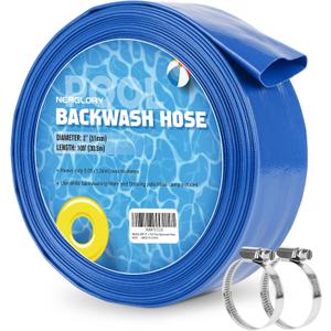 2" x 100 FT Pool Backwash Hose, Heavy Duty Flat Discharge Hose, Reinforced Discharge Hose with Clamp, Weather and Burst Resistant, Drain Clean Swimming Pools and Filters for Inground Pools