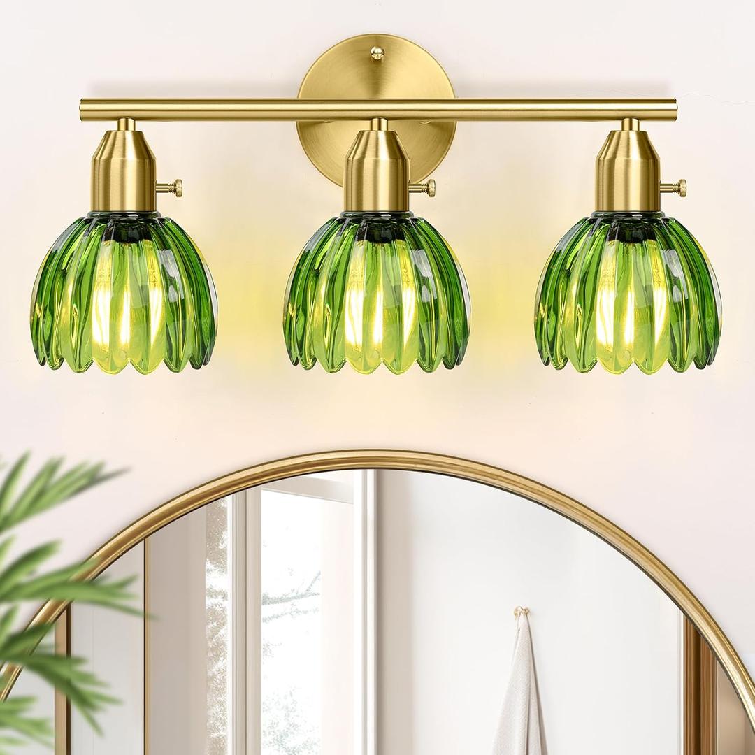 Bathroom Light Fixtures - 3-Light Gold Vanity Lights with Green Tulip Glass Shade, Brass Bathroom Lighting Fixture Over Mirror, Vintage Vanity Wall Sconce Lamp for Kitchen Living Room Hallway