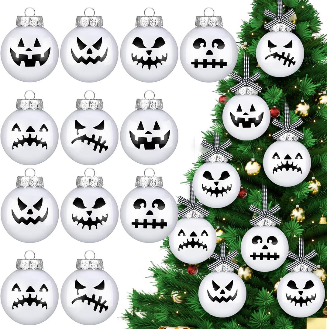 Jetec 12 Pcs Christmas Ball Ornaments for Tree Nightmare Before Black and White Horror Christmas Tree Decorations Spooky Skull Plastic Shatterproof Hanging Decor for Xmas Halloween Party (White)