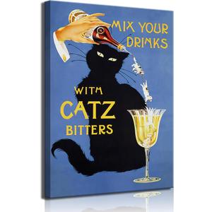 Vintage Black Cat Bar Canvas Wall Art Mix Your Drinks with Catz Bitters Posters Artwork Funny Bar Cart Painting Picture Wall Decor for Man Cave Kitchen Restaurant Home Decoration 12x16in Framed