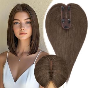 Rich Choices Hair Toppers for Women Real Human Hair 100% Human Remy Toppers for Women with Thinning Clip in NO Bangs Upgrade Extended 2"*6"Lace Base 150% Density 12 Inch # 02 Brown