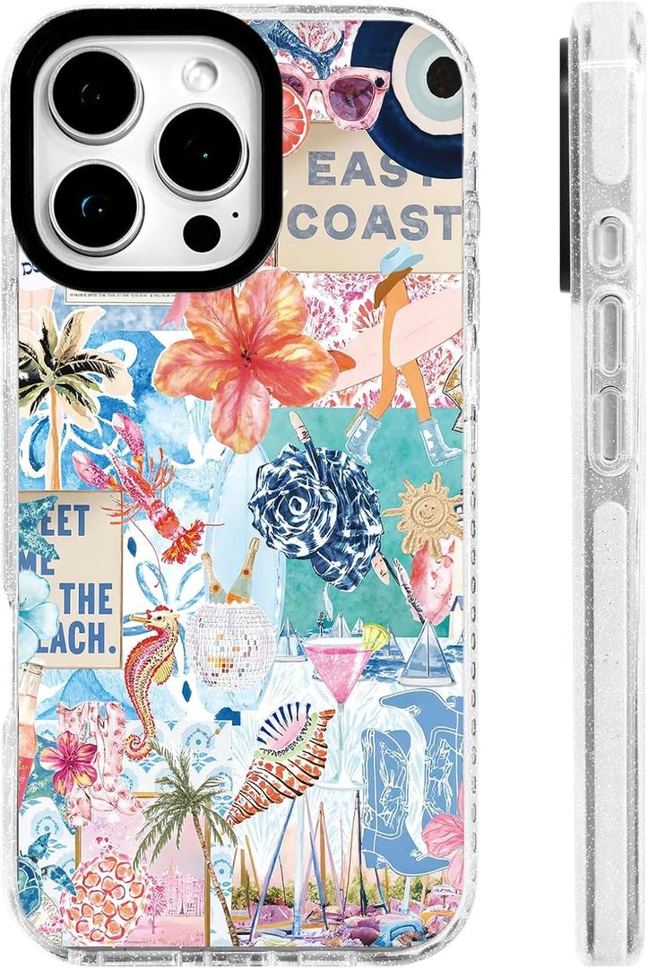 for iPhone 16 Pro Case [Military-Grade Drop Protection/Motivational Soft TPU Protective/Camera Protection/for Women & Girls]-Vibrant Aesthetic Tropical Coastal Art Summer Collage