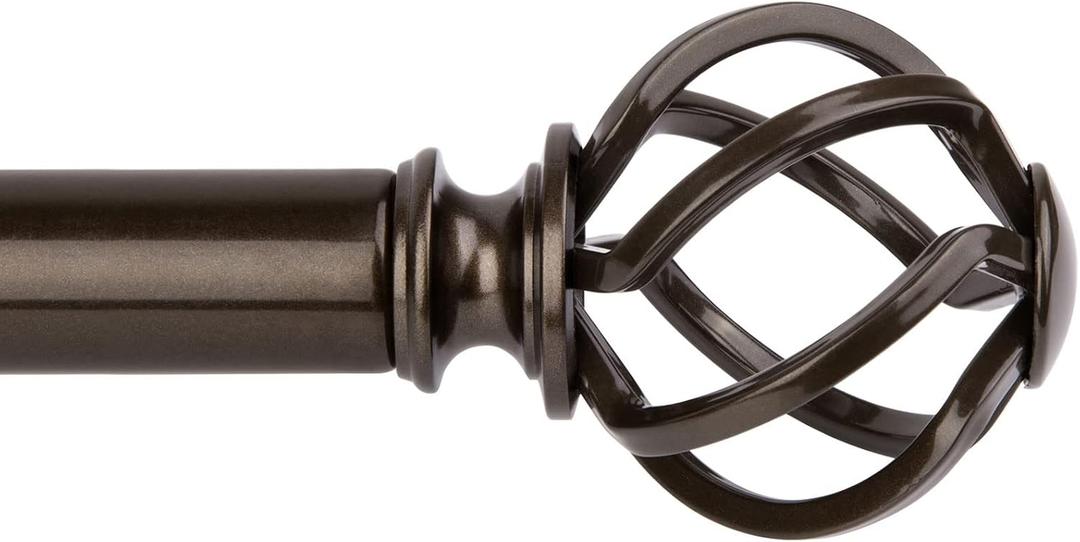 KAMANINA 1 Inch Curtain Rod Single Drapery Rod 36 to 72 Inches (3-6 Feet), Bronze Curtain Rods for Windows, Twisted Cage Finials