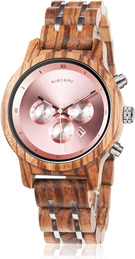 BOBO BIRD Women Wooden Watches Luxury Wood Metal Strap Chronograph & Date Display Quartz Watch Fashion Zebra Wood Casual Business Ebony Wristwatches