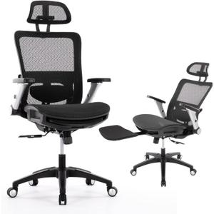 COLAMY Ergonomic Mesh Office Chair with Footrest, High Back Computer Executive Desk Chair with Headrest and 4D Flip-up Armrests, Adjustable Tilt Lock and Lumbar Support-Black