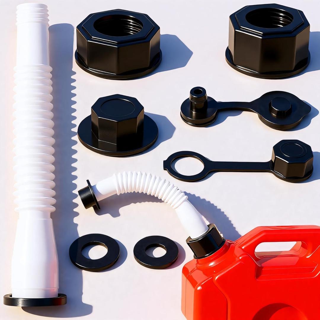Black Gas Can Spout Replacement, 1/2/5/10 Gallon Gas Can Nozzle Kit, include 2 Different Size Screw Collar Caps, Gas Can Vent Caps, Base Caps, Thick Rubber pad and Spout Cover