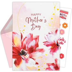 Decorably Gold-Foiled 5x7in Individual Happy Mothers Day Card for Mom with Floral Watercolor Design, Textured Mothers Day Cards for Mom with Envelope and Stickers, with Printed Message Inside