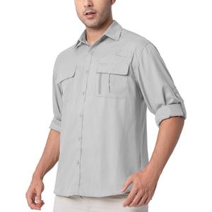 Safari Shirts for Men for Africa UV Sun Protection Lightweight Quick Dry Moisture Wicking for Hiking Fishing Travel Outdoor (Large, Grey)