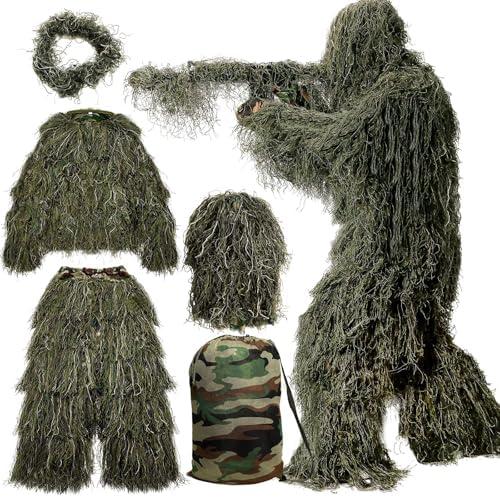 MOPHOTO 5 in 1 Ghillie Suit 3D Camouflage Hunting Suits - Jacket, Pants, Hood, Carry Bag for Adults & Youth, Large