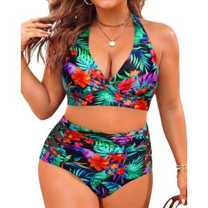 Yonique Womens Two Piece Plus Size Halter Bikini Swimsuits Tummy Control Bathing Suits High Waisted Swimwear, 20W