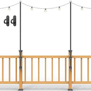 2 Pack String Light Poles - Stainless Steel 6.5FT Deck Lights Poles with 2 Wall Hooks for Outdoor Light, String Lights, with SS Screws for Wood Posts Deck Decor (Black)