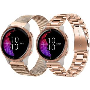 GARTOO 20mm Metal Bands for Garmin VivoActive 6/5/3,Forerunner 165/55/245/645 Watch Band, Garmin Venu/Venu Sq/Sq 2/Venu 2 Plus Watch Band, 2Pack Stainless Steel Wristband Strap for Men Women -Rose Gold