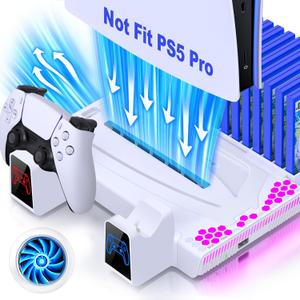 Cooling Station for PS5 / PS5 Slim, Vertical Stand with 3-Level Cooling Fan and Dual Controller Charger Station for PlayStation 5, Charging Station with Lighting, Headset Holder