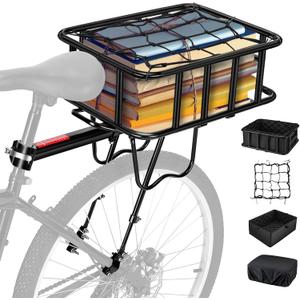 Rear Bike Rack with Basket, 110 LB Capacity Universal Bike Basket Rear, Aluminum Alloy Bike Cargo Rack for Back of Bike with Free Bungee Cord & Waterproof Cover & Installation Tool