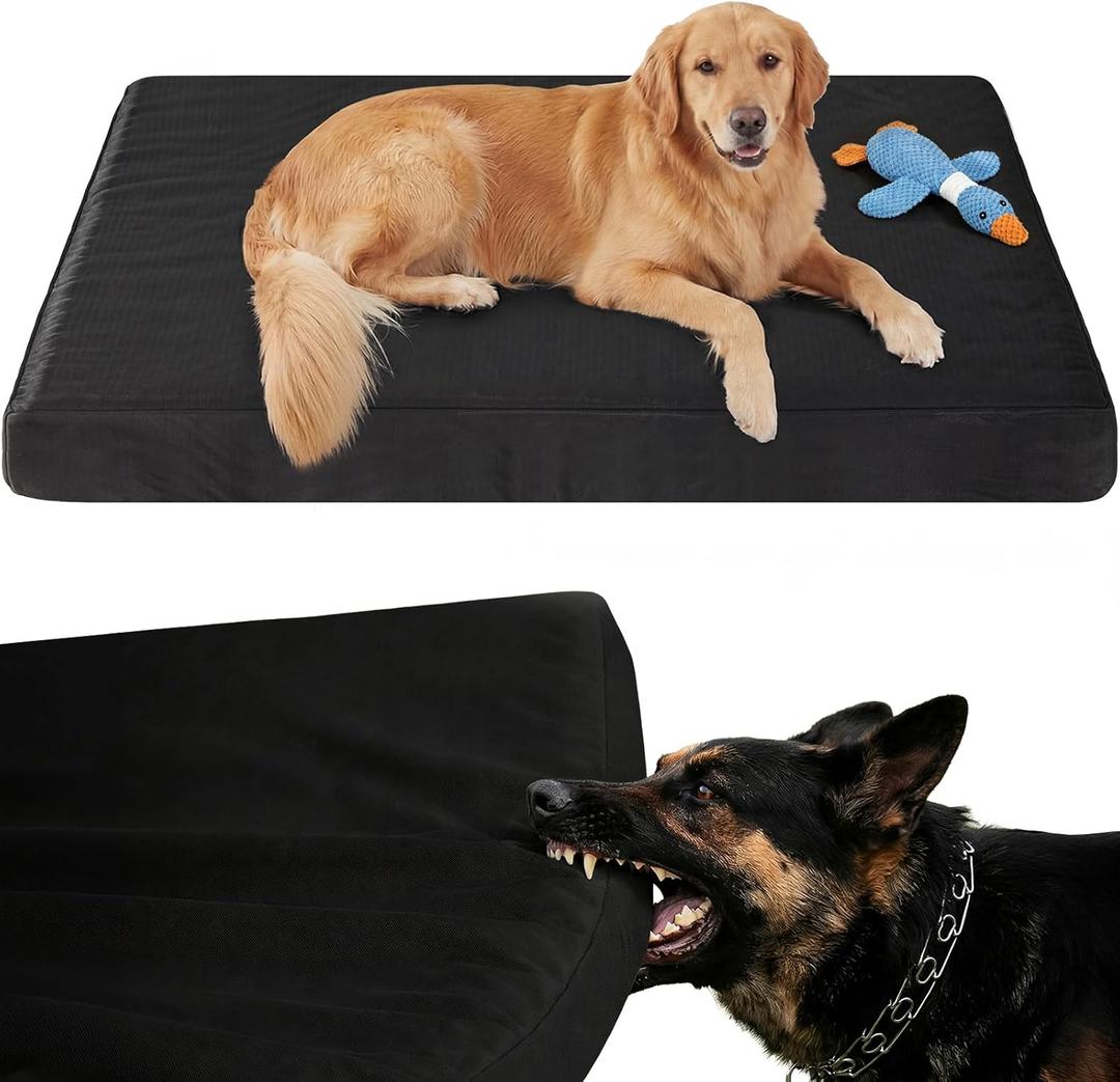 RRPETHOME 3" Chew Proof Indestructible Dog Bed for Large Aggressive Chewers,Durable Tough Fabir Chew Resistant Crate Dog beds for Large Dog & Puppy,Orthopedic Egg Foam Kennel Mat Pad Black 36x27x3