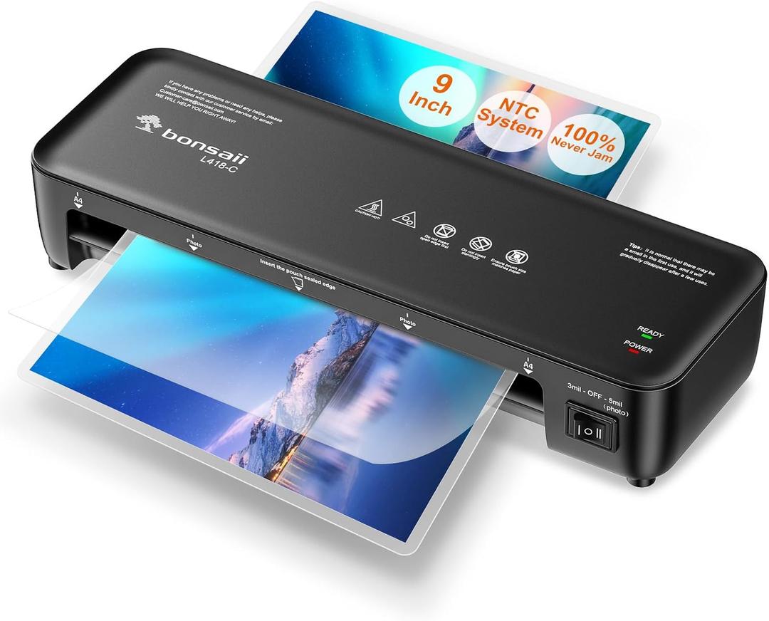Bonsaii Laminator, 9 Inch Thermal Laminator Machine with Never Jam Technology for Doc/Posters/Photo, Personal Laminating Machine Simple Convenient for Home, Office and School Black