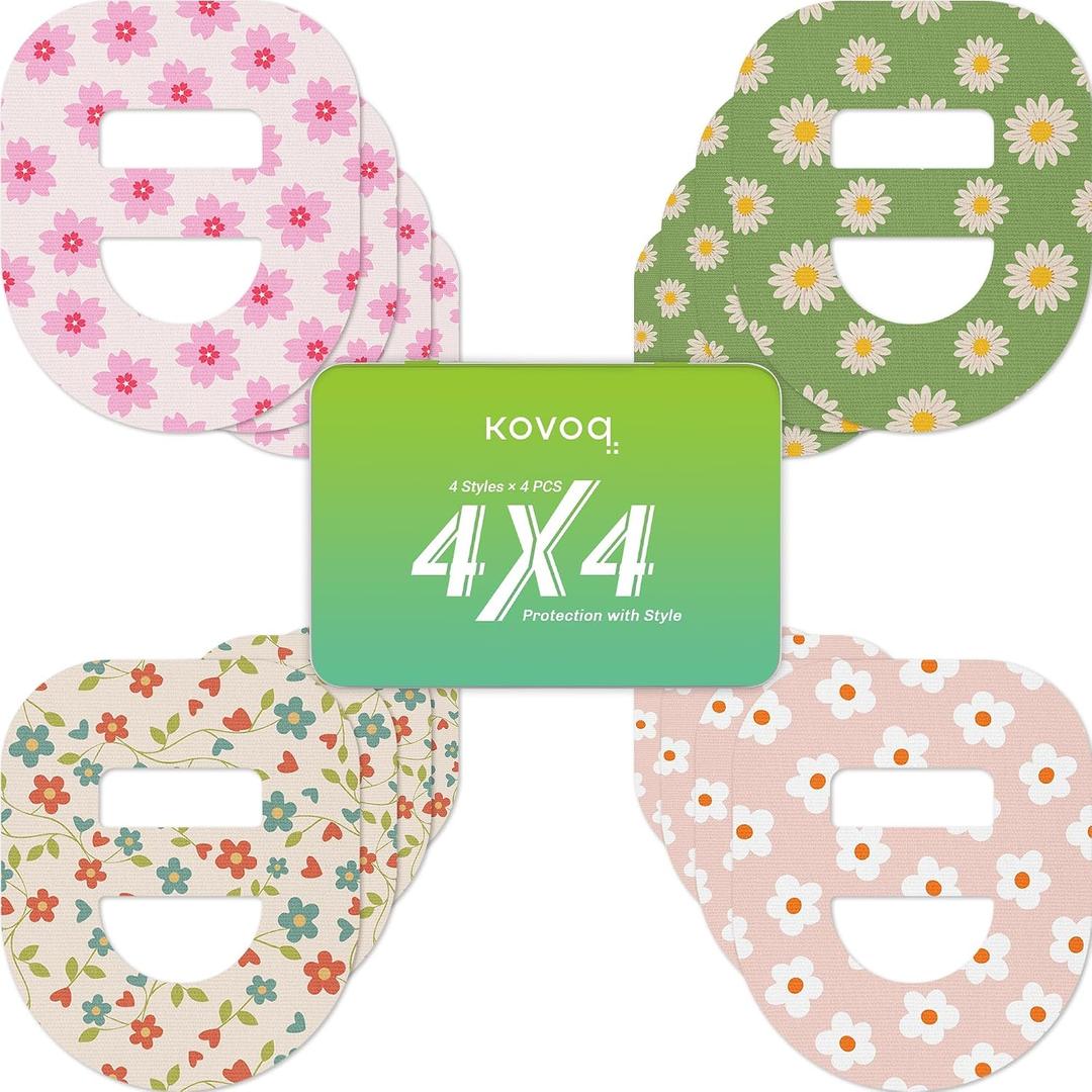 Omnipod 5 Overpatches, 16 Pack Waterproof Sweatproof Pod Pals Omnipod 5 Adhesive Overlay, Pre-Cut Adhesive Patch with Strap for Sensitive Skin, Breathable Reusable Tin (Flower)