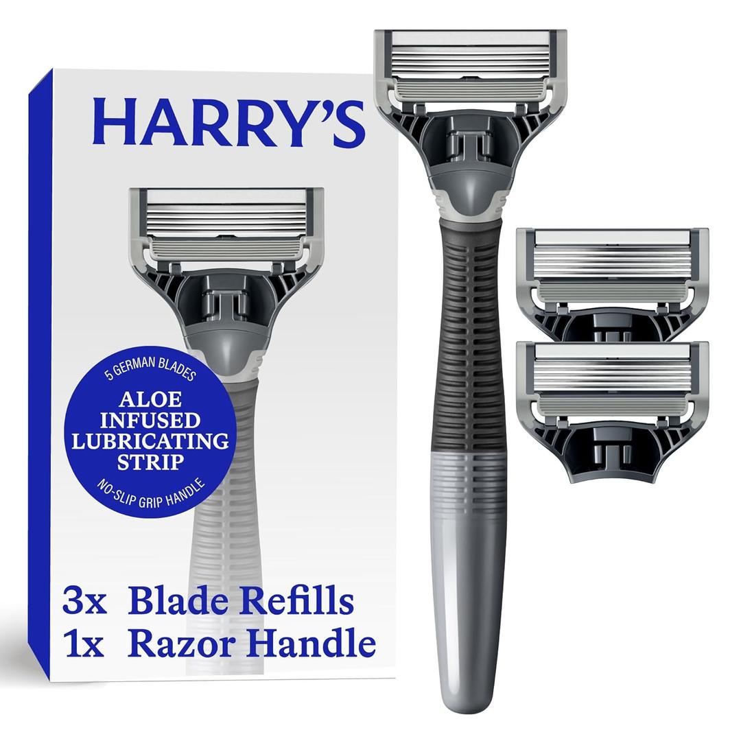 Harry's Original Shaving Kit for Men - Razor Handle and 3 Razor Blade Refill Cartridges - German Engineered - Charcoal