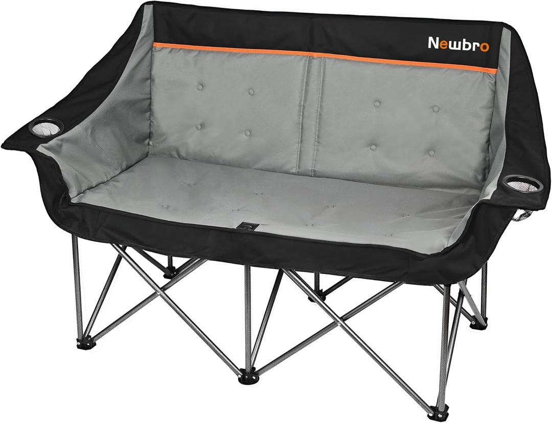 Oversized Double Camping Chair for Adults, Fully Padded Folding Camping Chairs Loveseat, Big Heavy Duty Outdoor Patio Lawn Chair with Arm Cup Holder (Black)