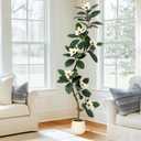 Rubber Tree 6 ft Artificial Tree in White Planter Pot, Faux Plants Indoor Faux Floor Plant Artificial Plants with 7 Pcs Magnolia Flowers for Home Decor, Artificial Fiddle Leaf Fig Tree for Office