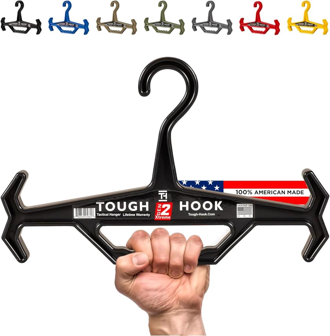 Tough Hook Original Multipurpose Heavy Duty Hanger, USA Made, Anti-Slip, 200 lb Capacity, Ideal for Tactical Gear, Body Armor, Scuba, Fitness Vests, 1 Black Plastic Piece (Pack of 1 (Standard))