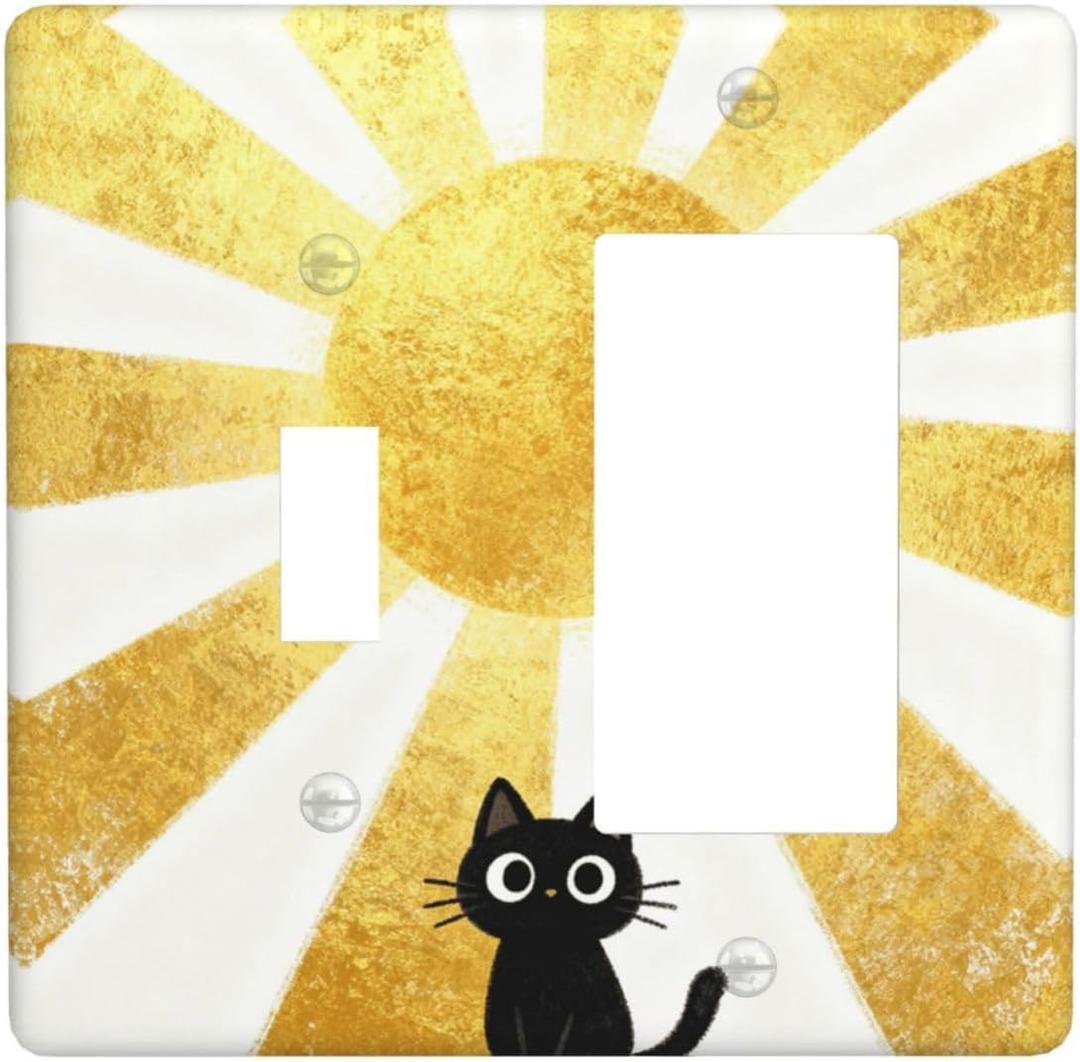 Decorative Outlet Covers Glod Rising Sun Cute Funny Black Cat 2 Gang Light Switch Cover Plate Single Toggle 1 Rocker Wall Plates for Electrical Switch Plate Covers for Bedroom Home Decor