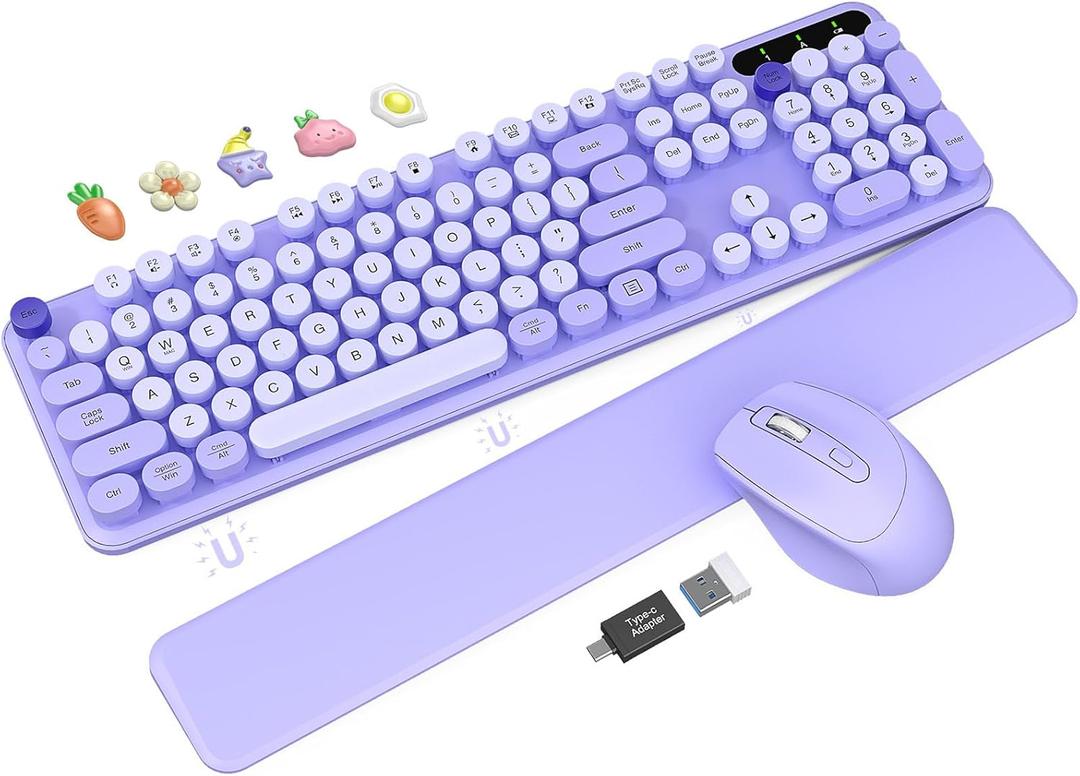 Wireless Keyboard and Mouse Combo - Cute Typewriter Keyboard with Detachable Wrist Rest, Retro Round Keycaps, Foldable Legs, 2.4GHz Full-Size Keyboard for PC, Laptop, Mac, Windows - Trueque (Purple) Wireless Keyboard and Mouse Combo - Cute Typewriter Keyboard with Detachable Wrist Rest, Retro Round Keycaps, Foldable Legs, 2.4GHz Full-Size Keyboard for PC, Laptop, Mac, Windows - Trueque (Purple)