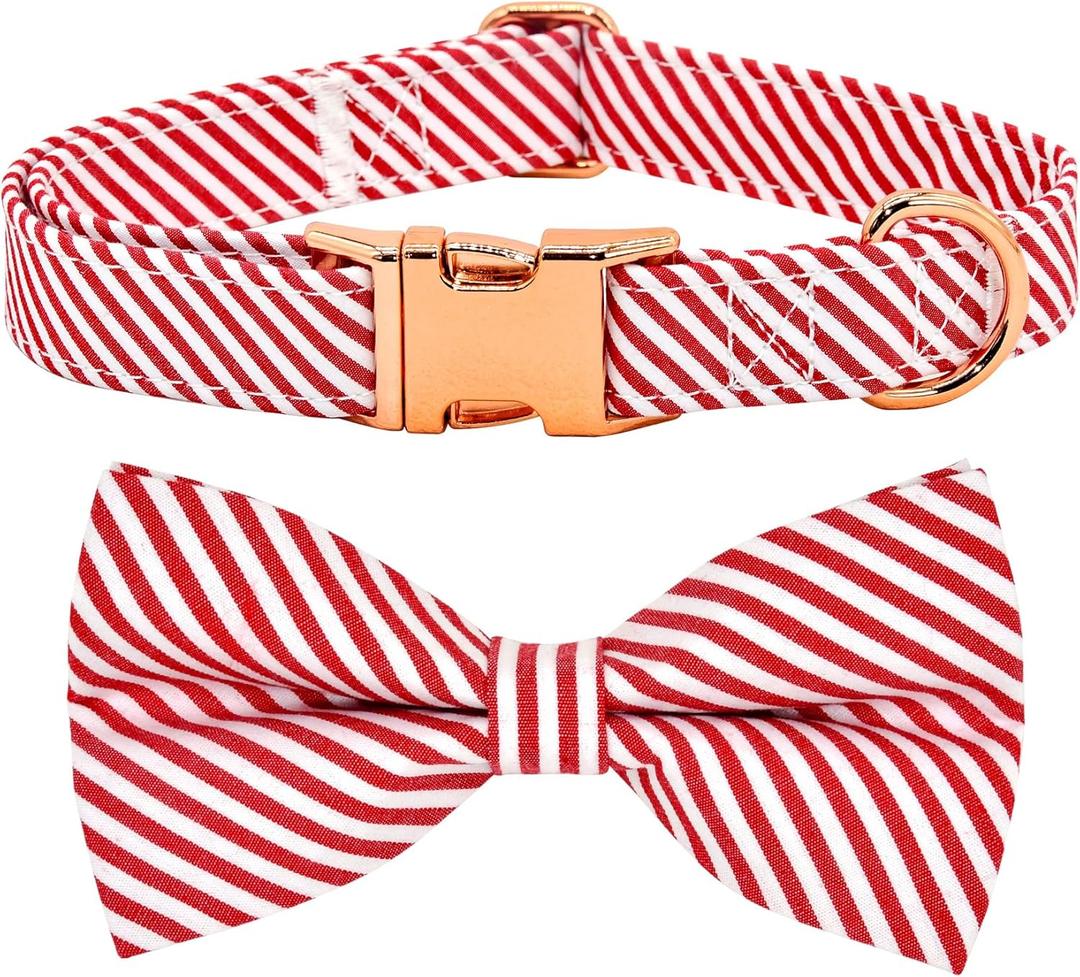 Classical Red Stripe Dog Bow Tie Dog Collar Accessory, Detachable Bowtie, Adjustable Collar for Small Medium Large Dogs (L (15 --24"))