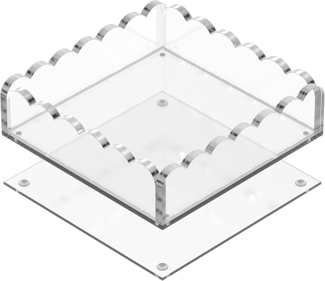 GRAHAM DESIGN 8x8 Scalloped Acrylic Tray with Magnetic Mat  Clear Decorative Photo Display Tray & Jewelry Organizer, Anti-Slip Vanity Tray for Home Office Desk Decor, Modern Gift