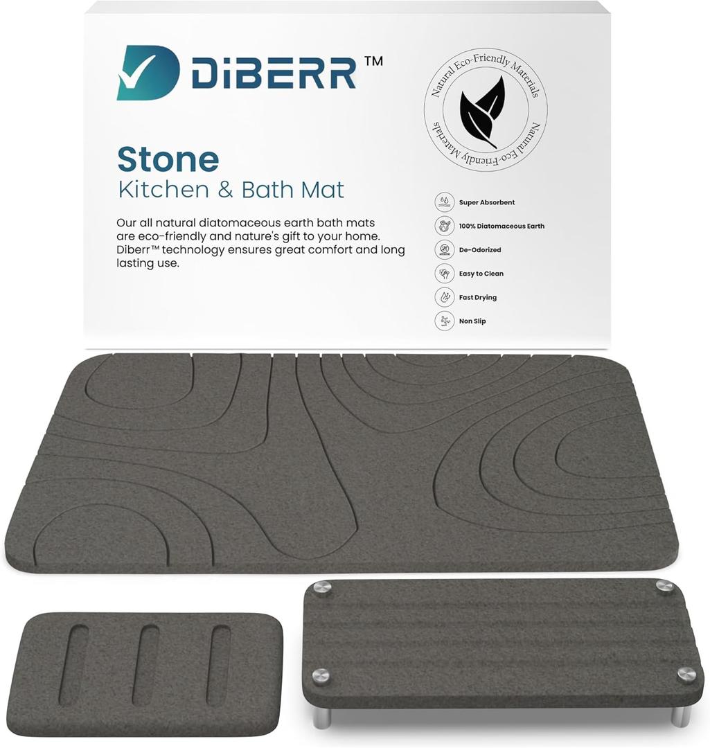 Stone Bath Mat, Set of 3 Non-Slip Diatomite Stone Bath Mat, Quick Drying Bath Mat Stone Absorbing, Super Absorbent Diatomaceous Earth Bath Mat for Bathroom Kitchen - Classic Dark Grey