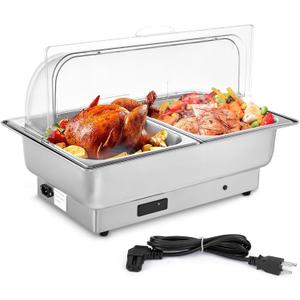 9 Qt Electric Chafing Dish Buffet Set, with Roll Top Viewing Lid, Stainless Steel Food Warming Tray, for Parties, Dinners and Catering, 1PACK
