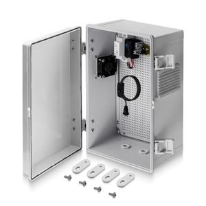 Outdoor Electrical Box with Thermostat and Fan, 15.7"x11.8"x6.2" Ventilated ABS Enclosure, Weatherproof & Dustproof, Cable Grommets, Indoor/Outdoor Junction Box with Mounting Panel (Grey Cover)