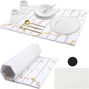 DOUBFIVSY Large Stone Dish Drying Mat for Kitchen Counter, 24"16" Collapsible Kitchen Dish Drying Mat, Absorbent Diatomaceous Earth Bath Mat Quick Dry for Dishes Bottles Cups (Gold, 24" x 16")