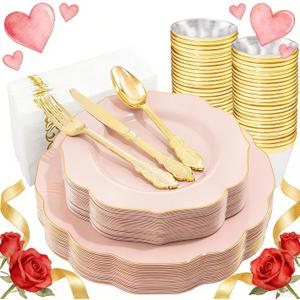 NOCCUR 175PCS Pink Plates with Gold Disposable Silverware - Include 50 Pink Plastic Plates,25 Knives,25 Forks,25 Spoons,25 Cups and 25 Napkins - Ideal for Party/Wedding/Valentines Day