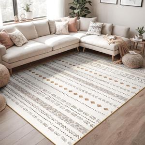 Area Rug 6x9 Washable for Living Room Non-Slip Soft Moroccan Geometric Farmhouse Low Pile Design Printed Carpet for Dining Room Bedroom Office Home Decor Brown