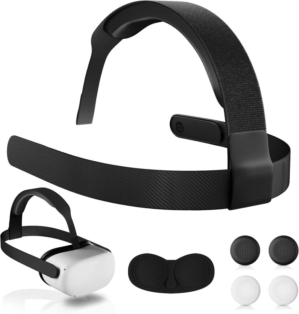Head Strap for 0culus Quest 2 Headset, Adjustable VR Head Strap with 4 Controller Thumb Grip Caps - White (Black)