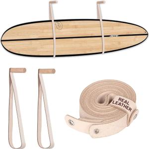 Hang 11 Surfboard Wall Mount - Surf Board Wall Hangers, Surfboard Hanger, Beautiful Sustainable Wood & Leather Rack, Perfect to Display Your Board, Horizontal Surf Racks, Surfing Accessories (White)
