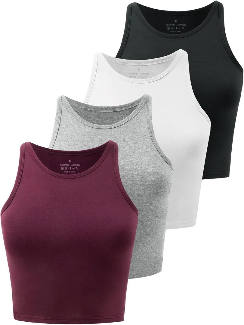 Kole Meego Crop Tops For Women Workout Cropped Tank Top High Neck Camisole Yoga Shirts Athletic Undershirts 4 Pack (Medium, Black/White/Grey/Burgundy)