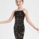 EXARUS Girls Sequin Spaghetti Strap Bodycon Dress Teen Sparkle Pencil Party Mini Special Occasion Birthday Velvet Dress (Black, 8Y)
