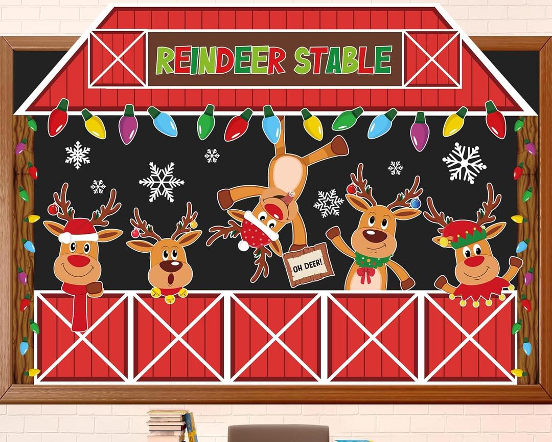Winter Deer Bulletin Board Decorations Set Christmas Reindeer Stable Elk Cutouts Chalkboard Decor Xmas Bulb Paper Cutting with Borders for Door Wall School Classroom Winter Holiday Party Supplies