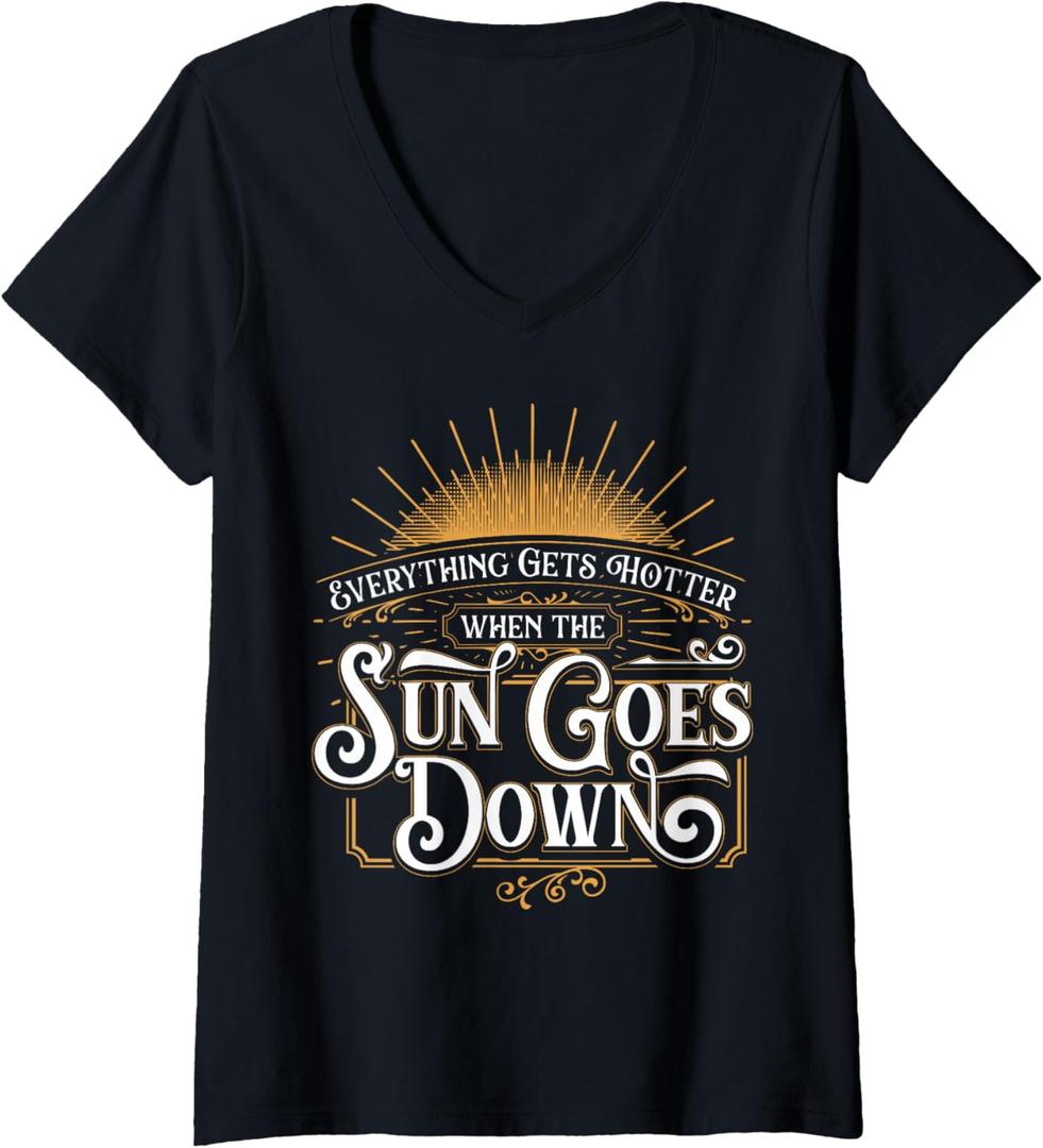 Womens Everything Gets Hotter When The Sun Goes Down Country Music V-Neck T-Shirt (Small, Black)