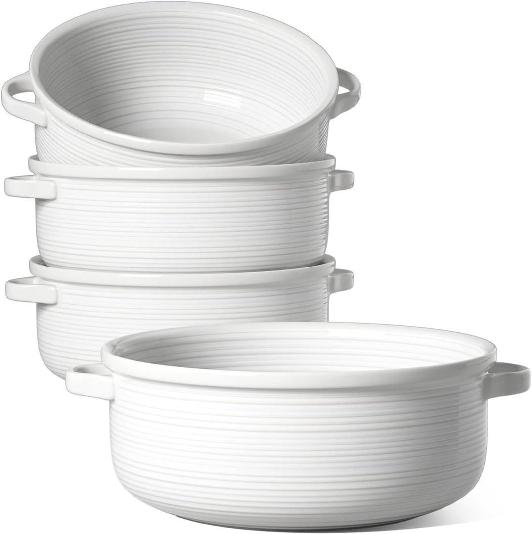 LE TAUCI Soup Bowls with Handles - 22 oz Lead-Free Ceramic French Onion Crocks, Oven and Microwave Safe, Heat-Resistant Design, Stackable, Dishwasher Safe, Set of 4, White