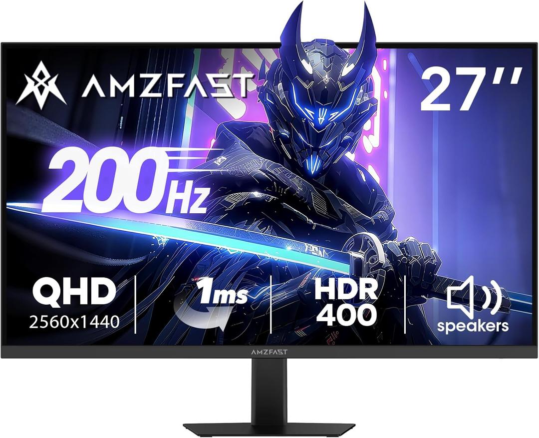 Amzfast 27 Inch Gaming Monitor 200Hz WQHD 2k 2560 x 1440p Monitor, Built-in Speakers, 1ms G-SYNC Compatible, HDR400,132% sRGB, VESA 100x100 Fast IPS Monitor with HDMI 2.0 x 2 & DP 1.4 x 2, AMZG27F5Q (Black)