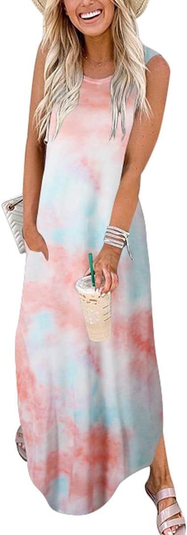 ANRABESS Women Casual Loose Sundress Sleeveless Split Maxi Long Beach Shirt Dress Travel Vacation 2025 Summer Outfits (Large, Tie Dye Rainbow)
