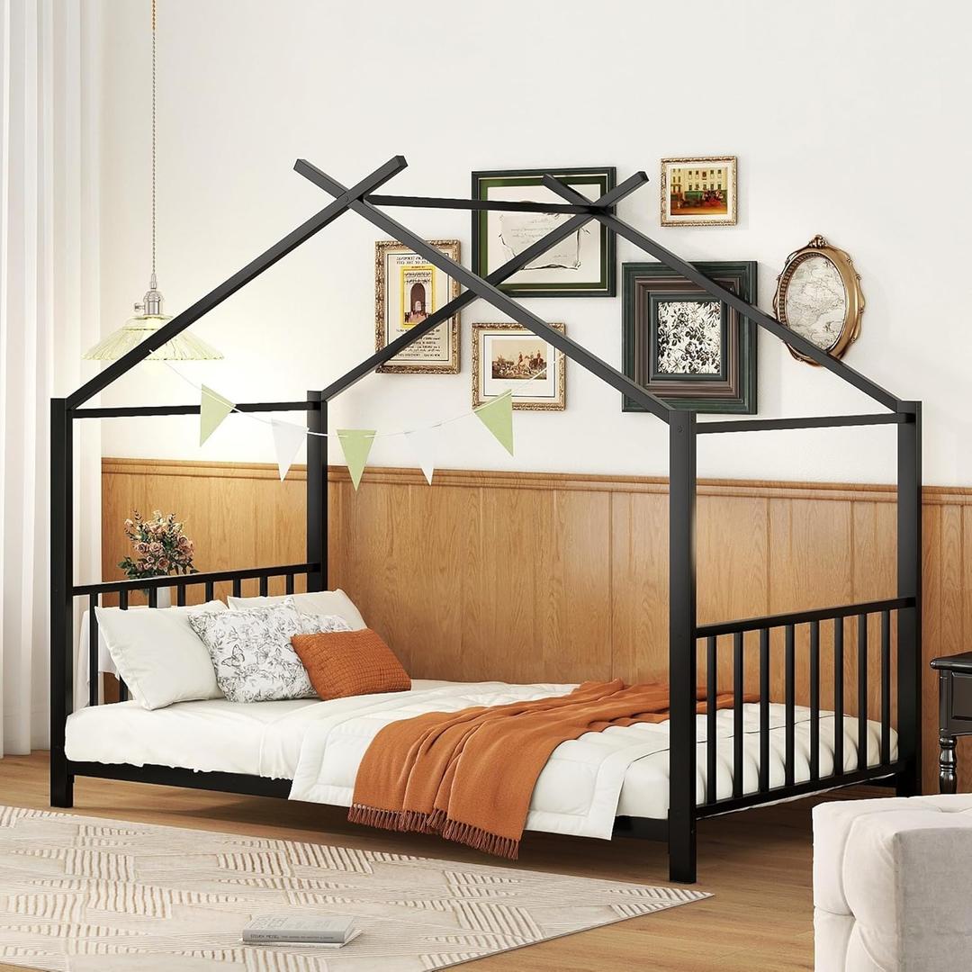 Twin Size Kids Montessori Floor Bed,House Bed Frame with High Headboard,Twin Floor Bed Frame with Roof for Boys Girls (Black)